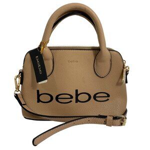 NWT $89 BEBE Fabiolo Micro Dome Vegan Leather Crossbody Handbag Taupe/Black Logo